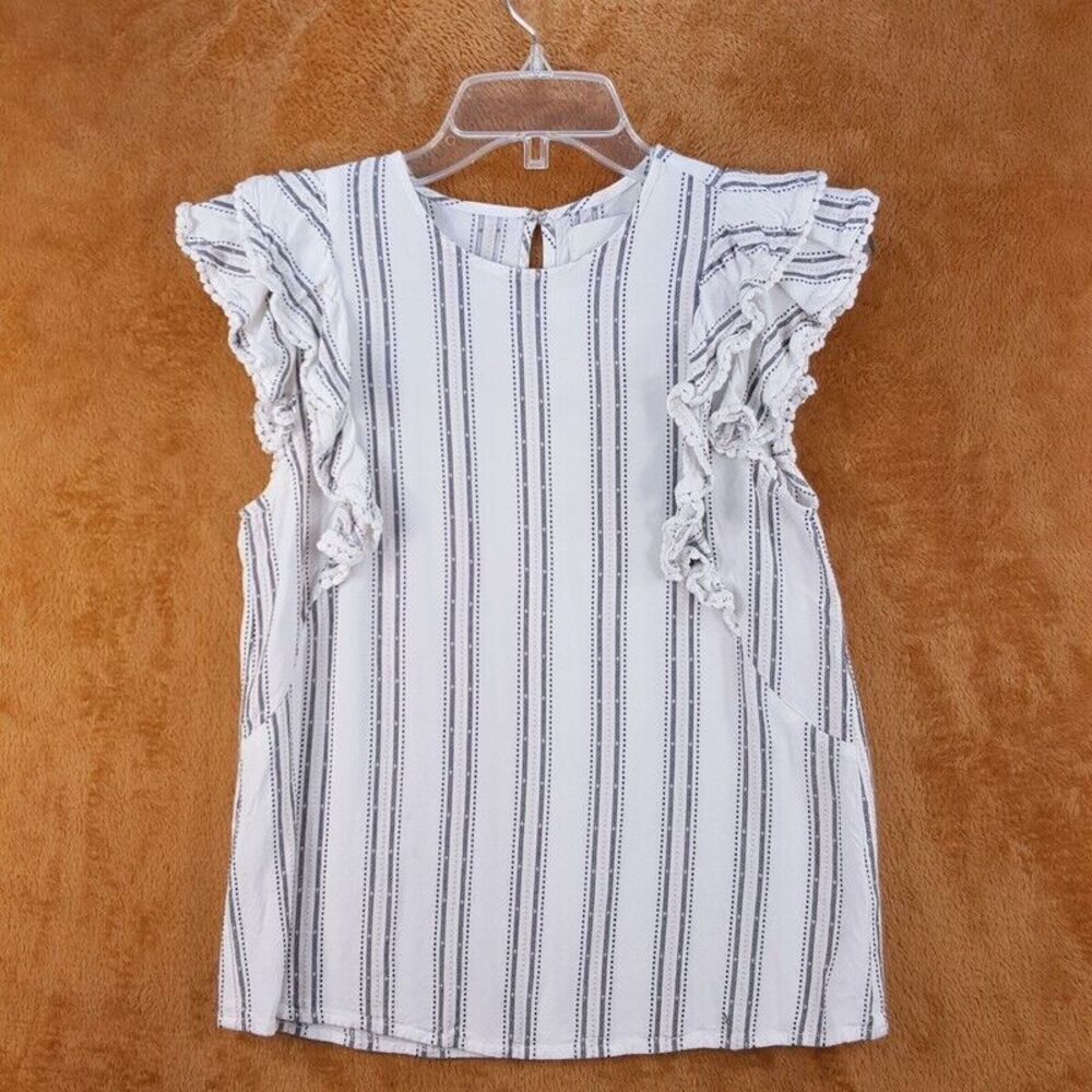 GREYLIN Womens Top Small White Stripe Tiered Ruffle Sleeve Keyhole Blouse